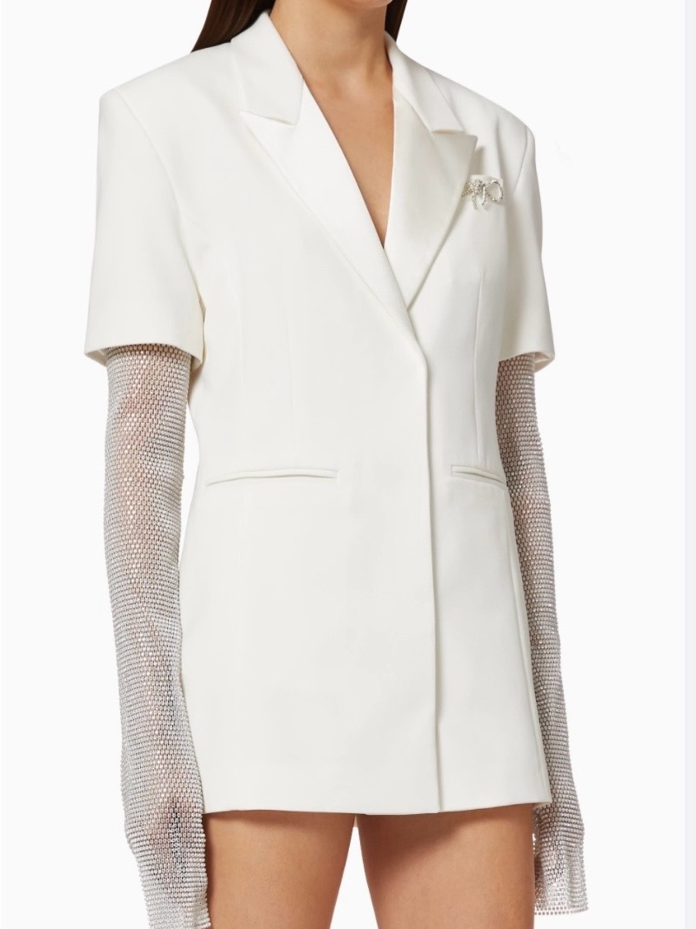 MACH &‎ MACH Tuxedo Blazer Dress White Crystalized Mesh Sleeves Statement Glam S